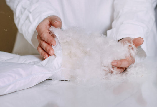 production of down duvets work with feather products light white fluff keeps in hands